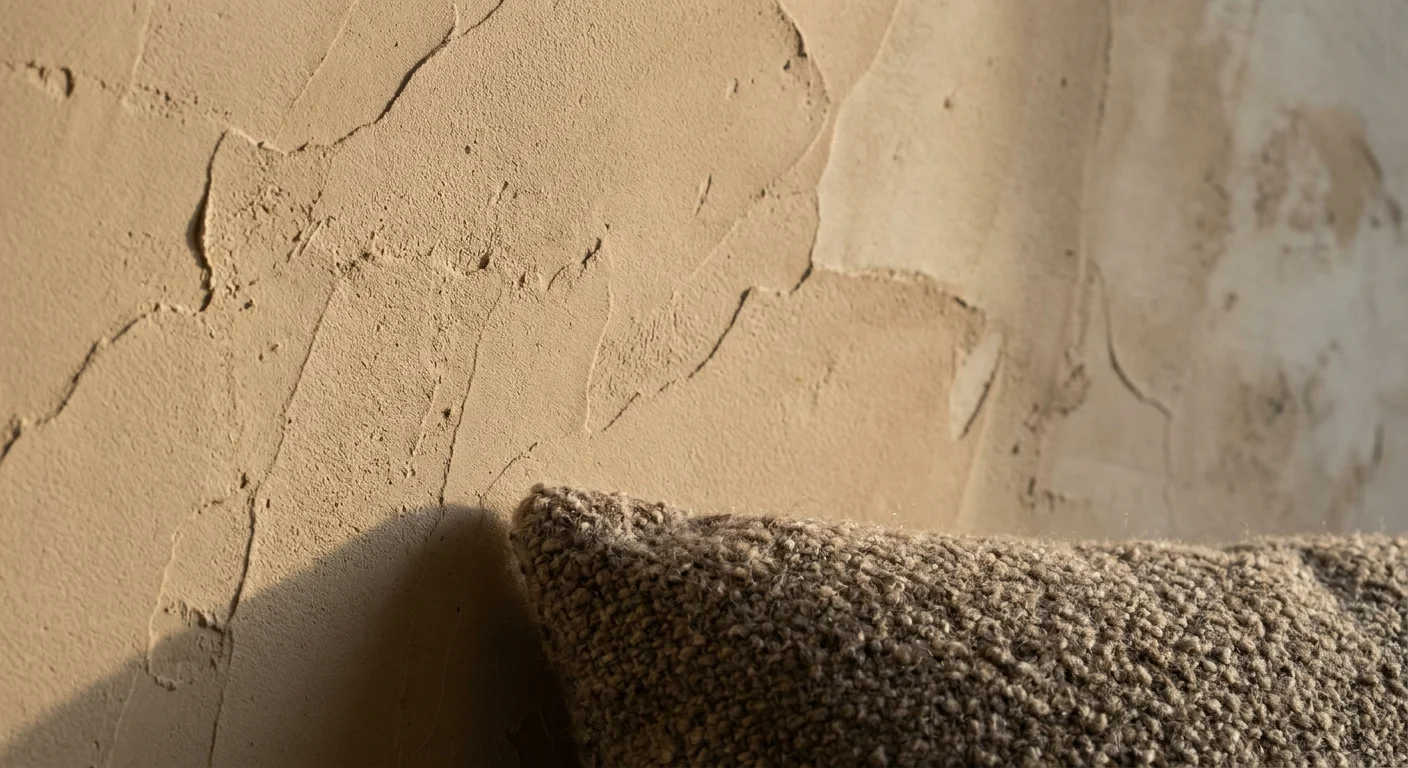 A macro photo of a textured sandy plaster wall and a taupe bouclé pillow, emphasizing tactile neutral tones.