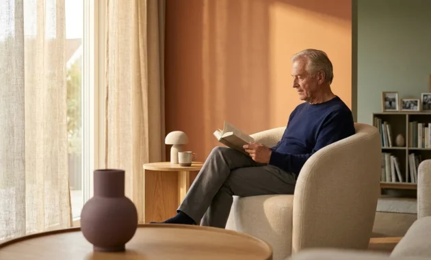 A modern senior living room with terracotta and sage walls, featuring a man reading in a linen armchair during golden hour.