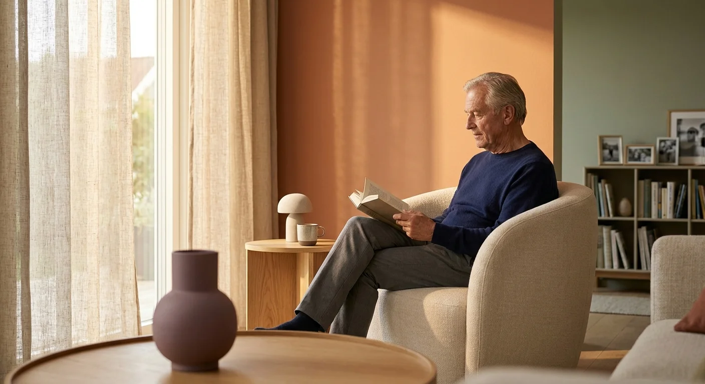 A modern senior living room with terracotta and sage walls, featuring a man reading in a linen armchair during golden hour.