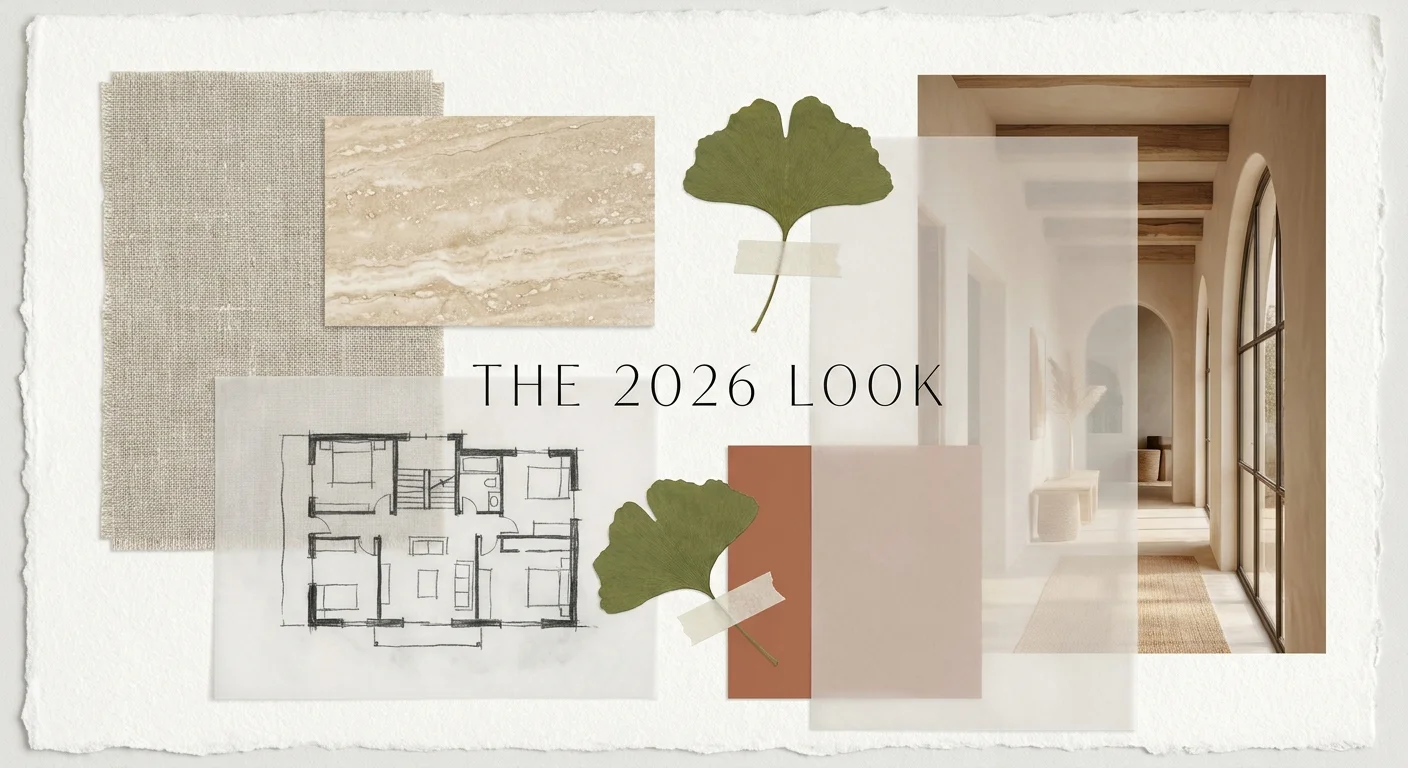 A mood board collage featuring linen, stone, and architectural sketches with the text 'THE 2026 LOOK'.