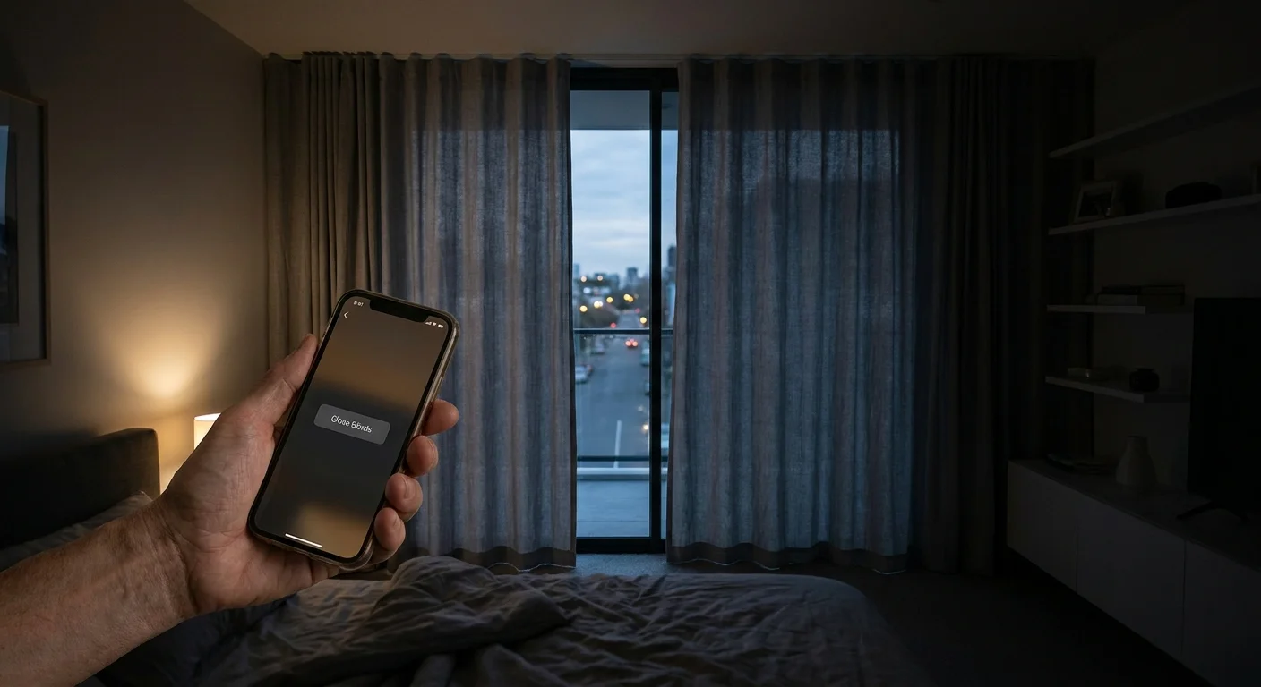 A person using a smartphone app to close automated blackout curtains in a modern bedroom at dusk.
