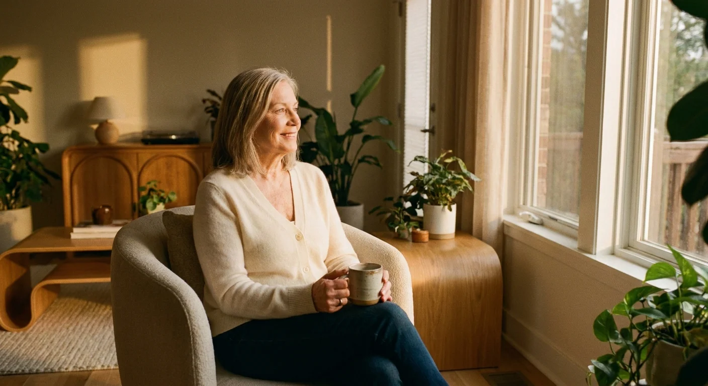 A senior woman sitting peacefully in a beautifully designed, safe, and comfortable modern bedroom.