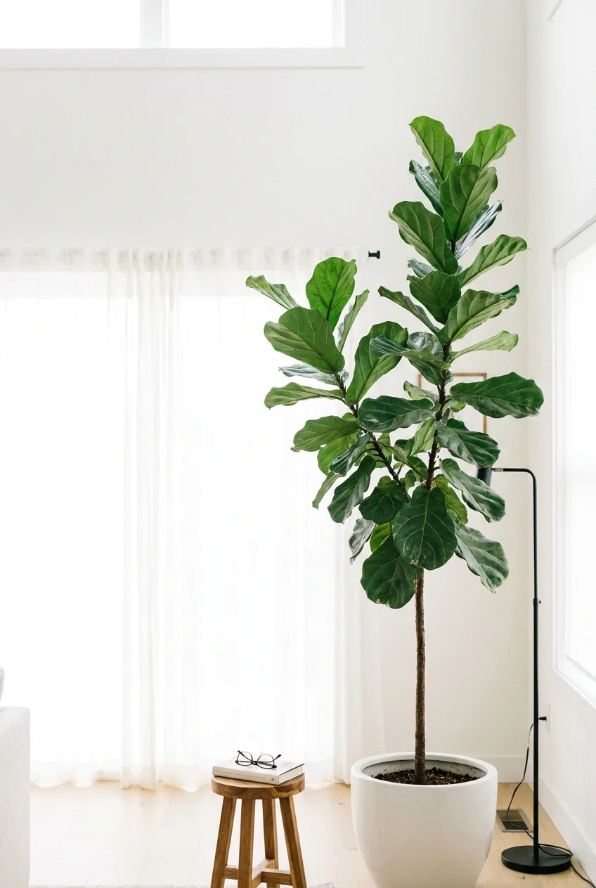 A tall Fiddle Leaf Fig plant and a slender lamp drawing the eye upward in a bright, sunlit corner.