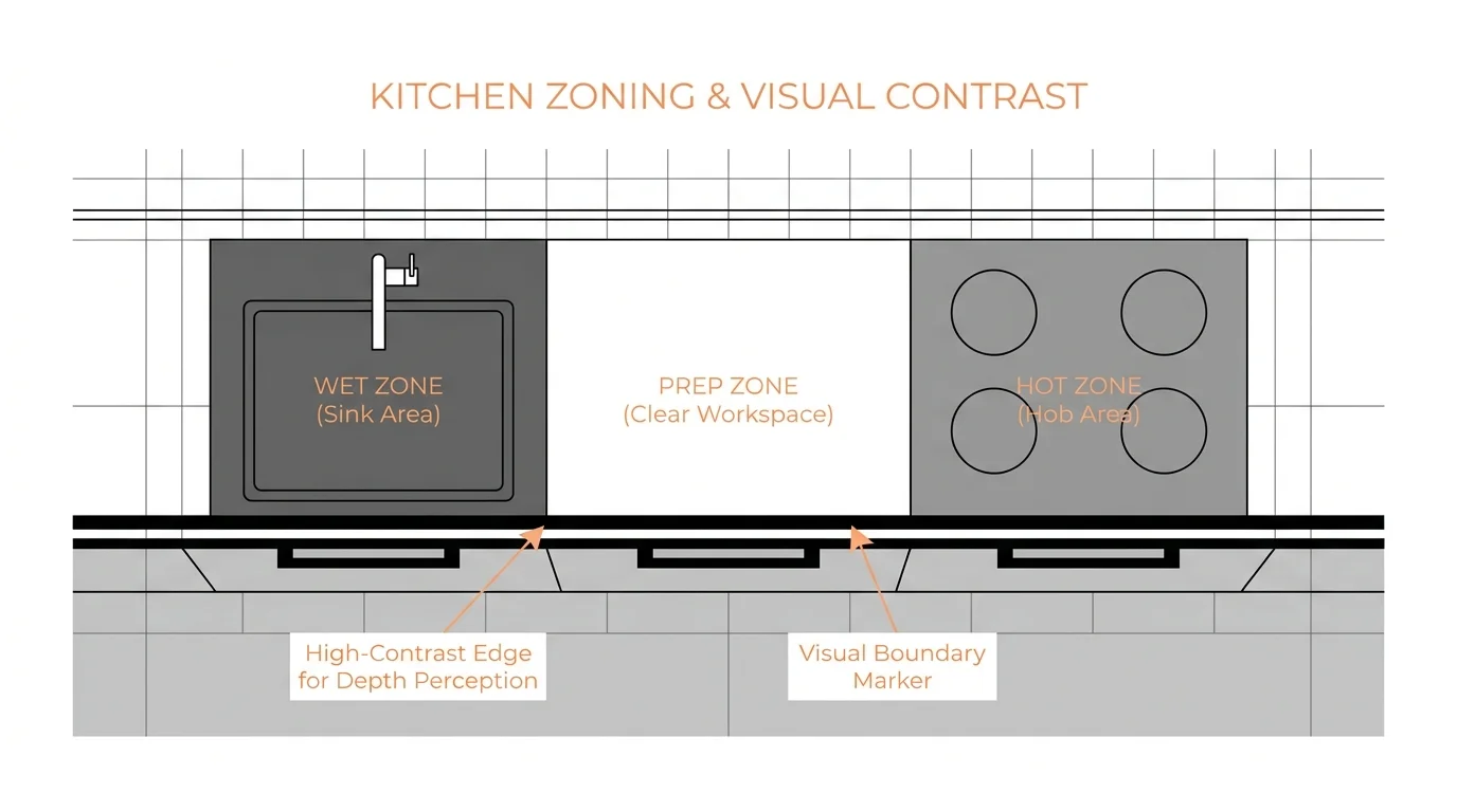 A top-down diagram showing how high-contrast edges on countertops help with depth perception and safety.
