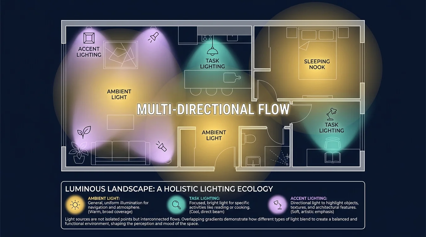 A top-down floor plan diagram illustrating ambient, task, and accent lighting zones in a home.
