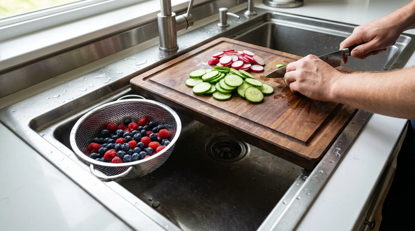 A top-down photo of a workstation sink with an integrated cutting board and colander being used for food prep.
