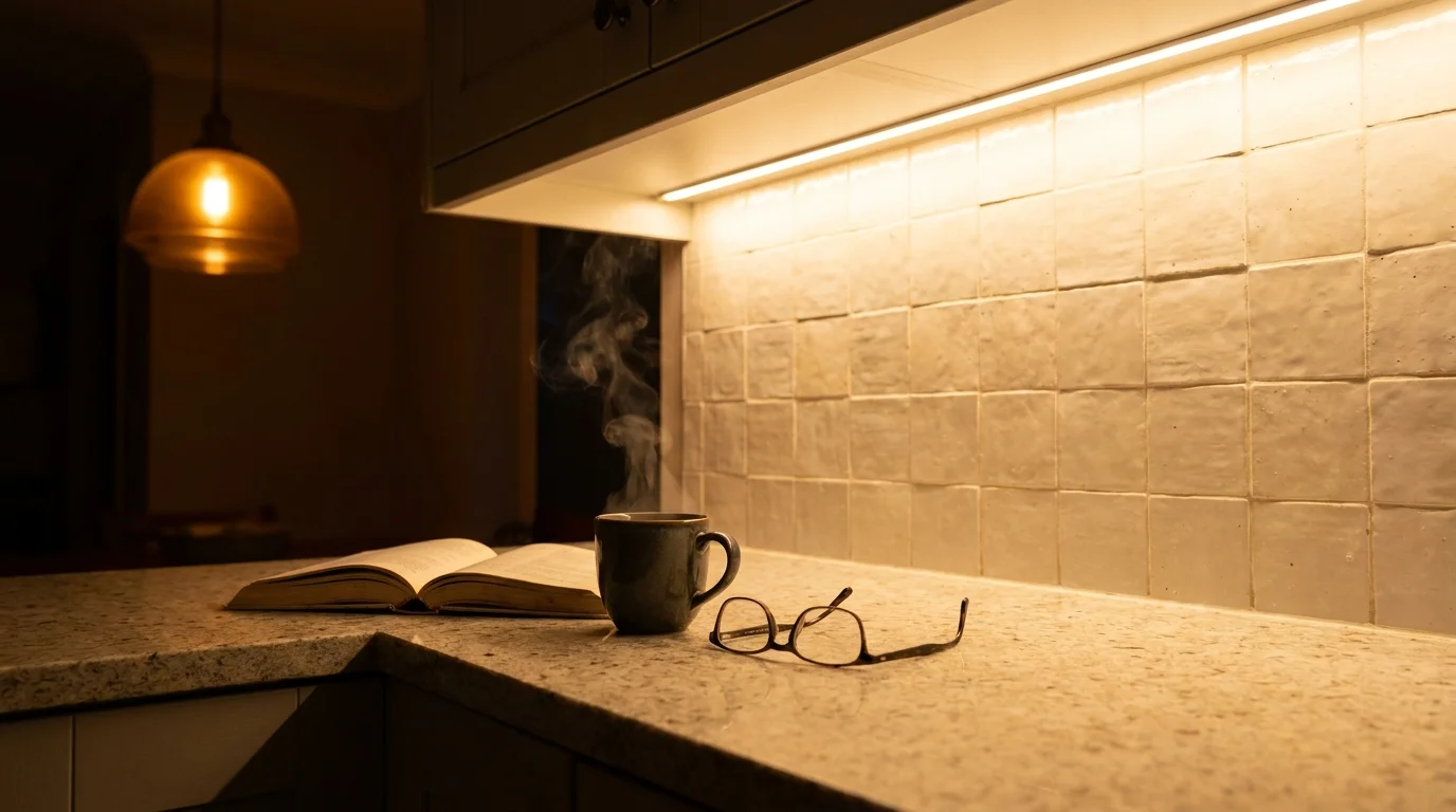 A warm close-up of under-cabinet lighting illuminating a kitchen counter and backsplash at dusk.