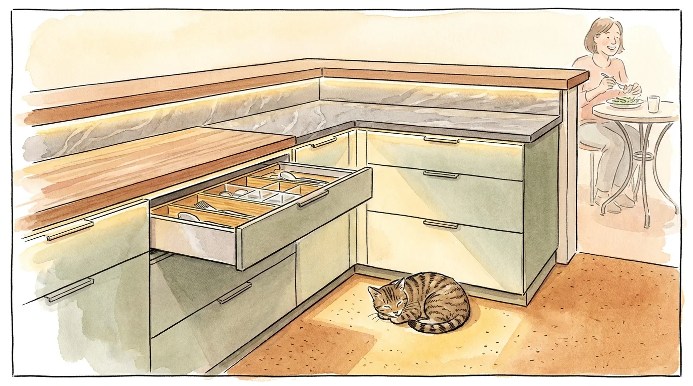 A warm watercolor illustration of a completed, accessible kitchen sanctuary, showing comfort and integrated design.