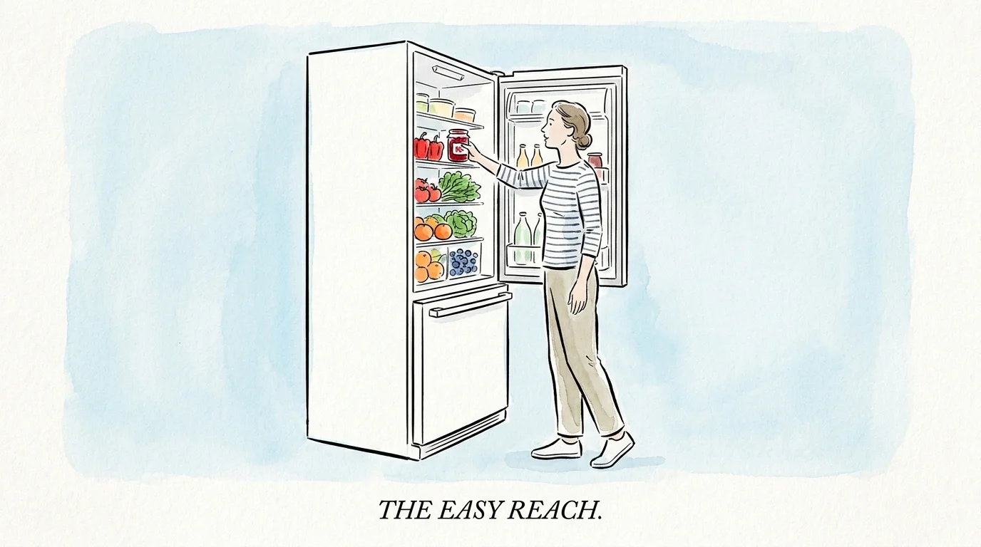 A watercolor illustration of a person easily reaching the back of a shallow-depth refrigerator without straining.