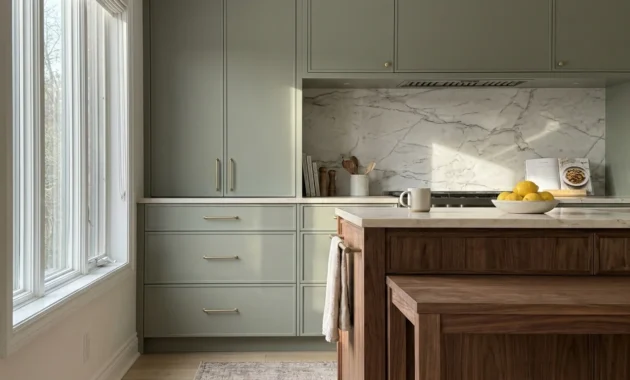 A wide, sunlit kitchen featuring a sage green cabinet island, walnut accents, and large storage drawers in a 16:9 landscape view.