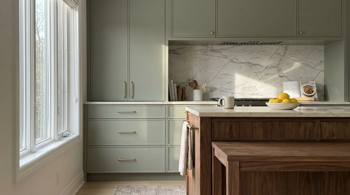 A wide, sunlit kitchen featuring a sage green cabinet island, walnut accents, and large storage drawers in a 16:9 landscape view.
