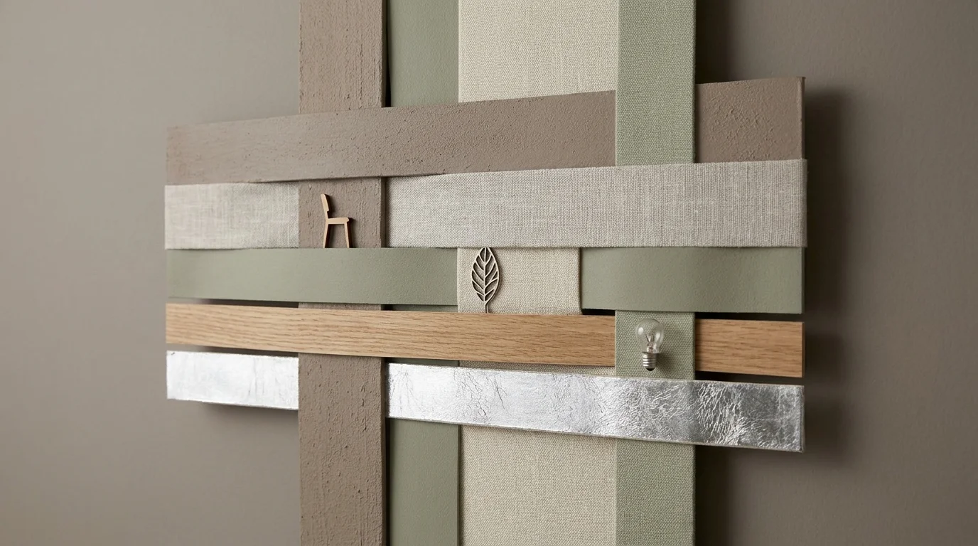 An abstract weaving of textures like wood, linen, and paint, representing the combination of design trends.