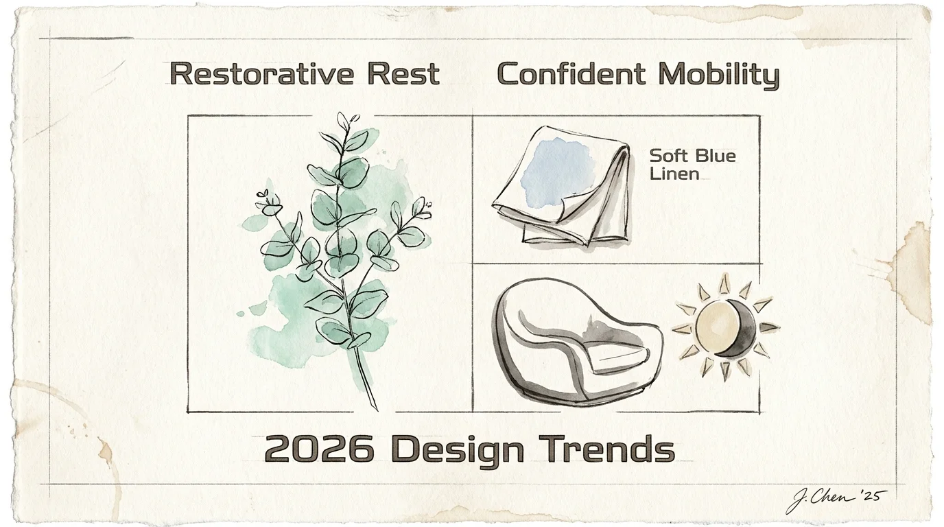 An artistic watercolor mood board featuring fabric swatches and sketches of bedroom elements for senior wellness.