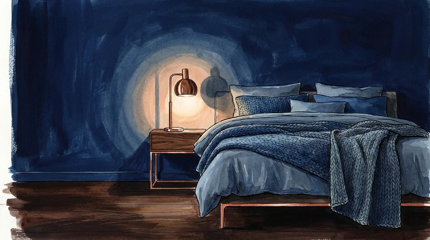 An editorial illustration of a bedroom with deep oceanic blue walls and warm lamp lighting.