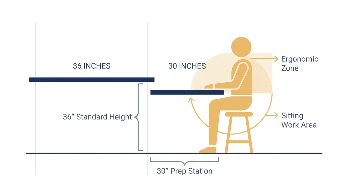 An ergonomic diagram showing the height difference between a 36-inch standard counter and a 30-inch seated prep station.