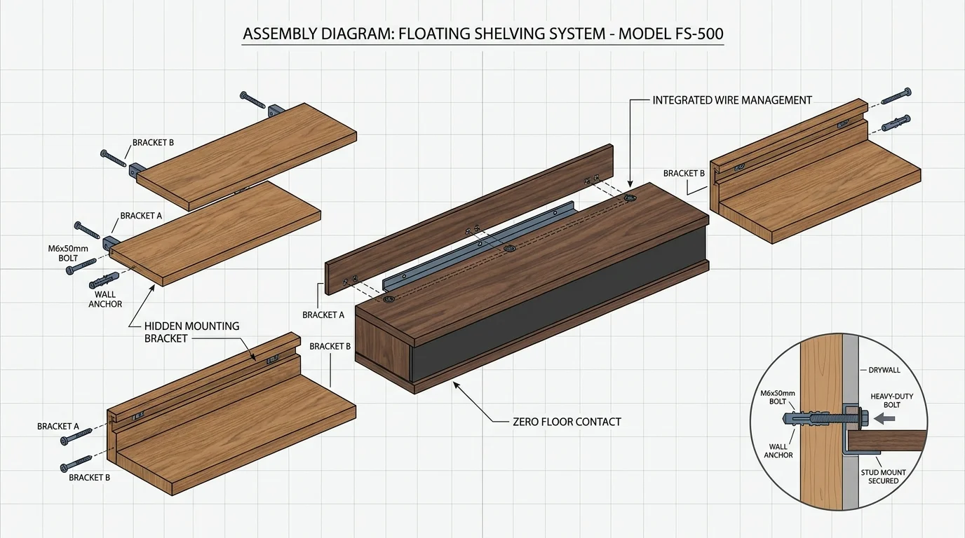 An exploded-view diagram of floating wall shelves with labels for hidden mounts and floor clearance.