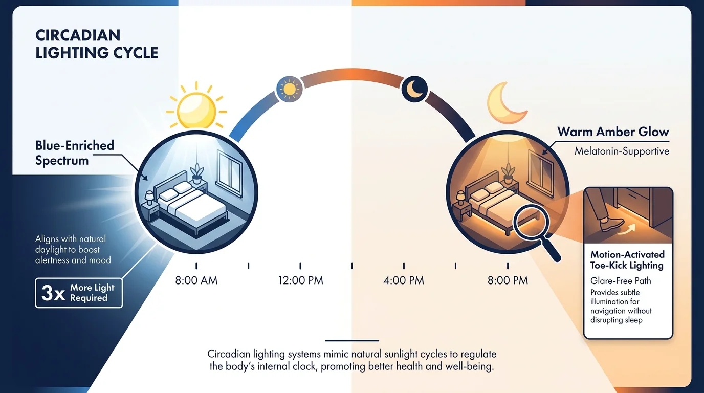 An infographic showing how bedroom lighting transitions from blue-toned morning light to warm amber evening light.