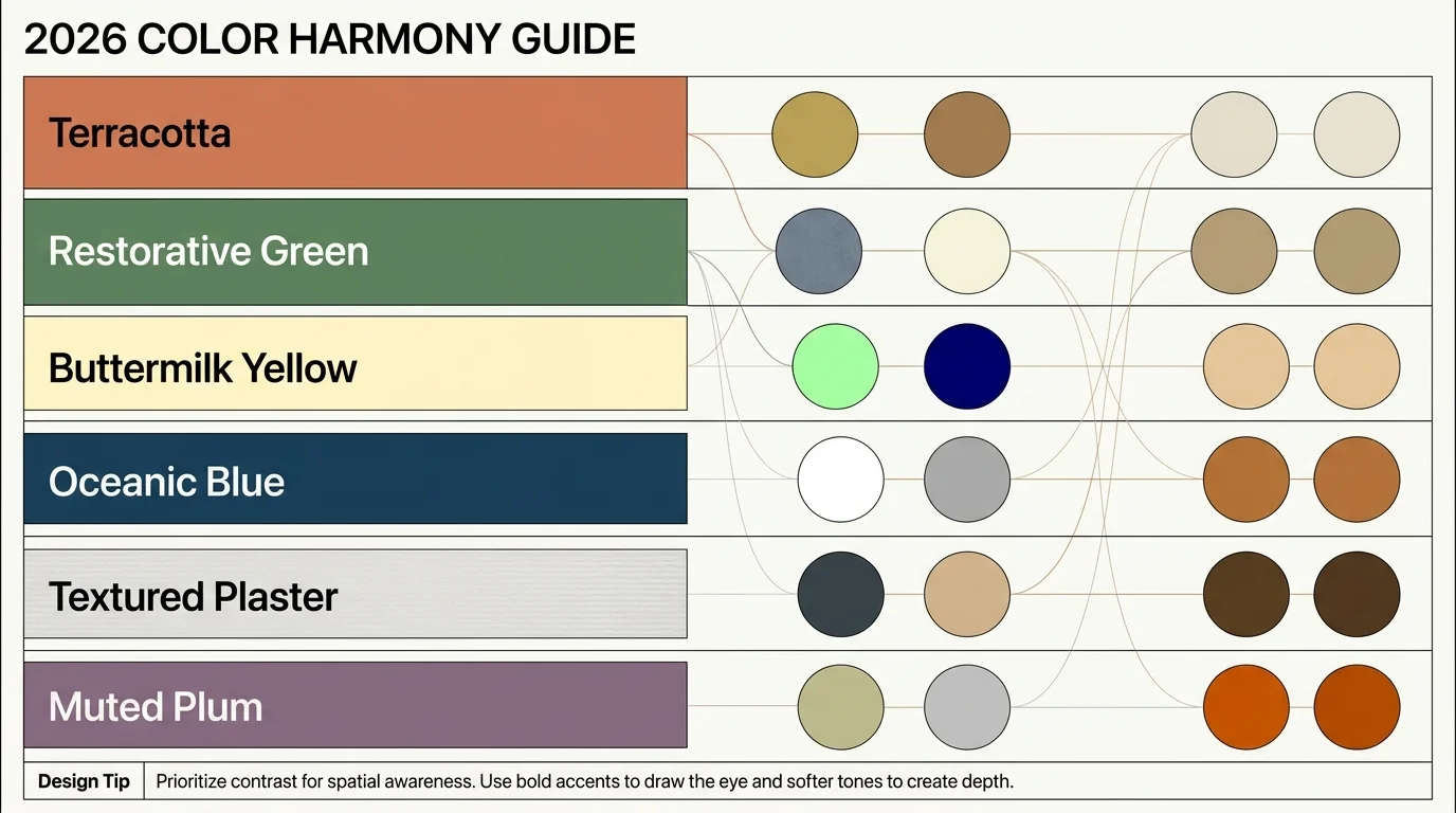 An infographic showing the six 2026 color trends with their respective labels and recommended accent pairings.