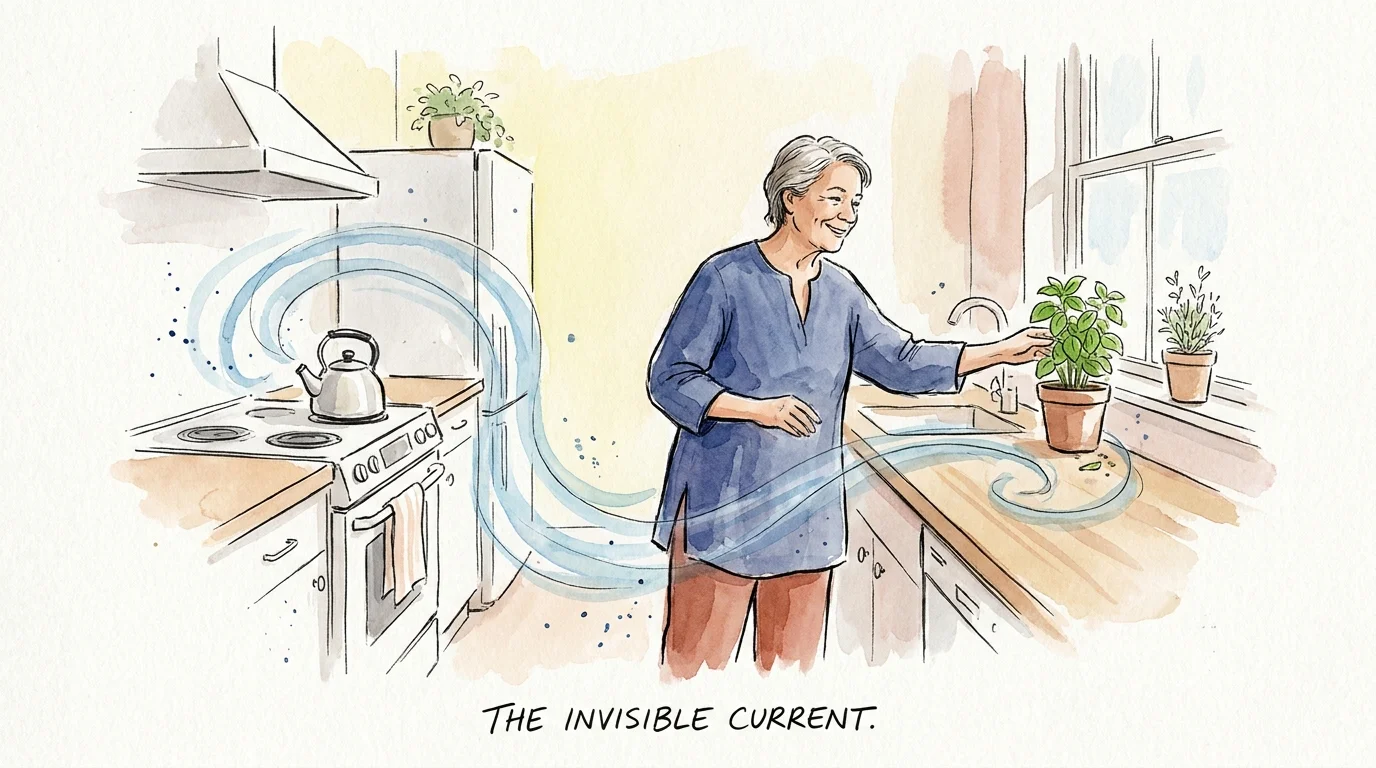 An ink and watercolor sketch of a person moving effortlessly through a light-filled kitchen, evoking a sense of ease and joy.