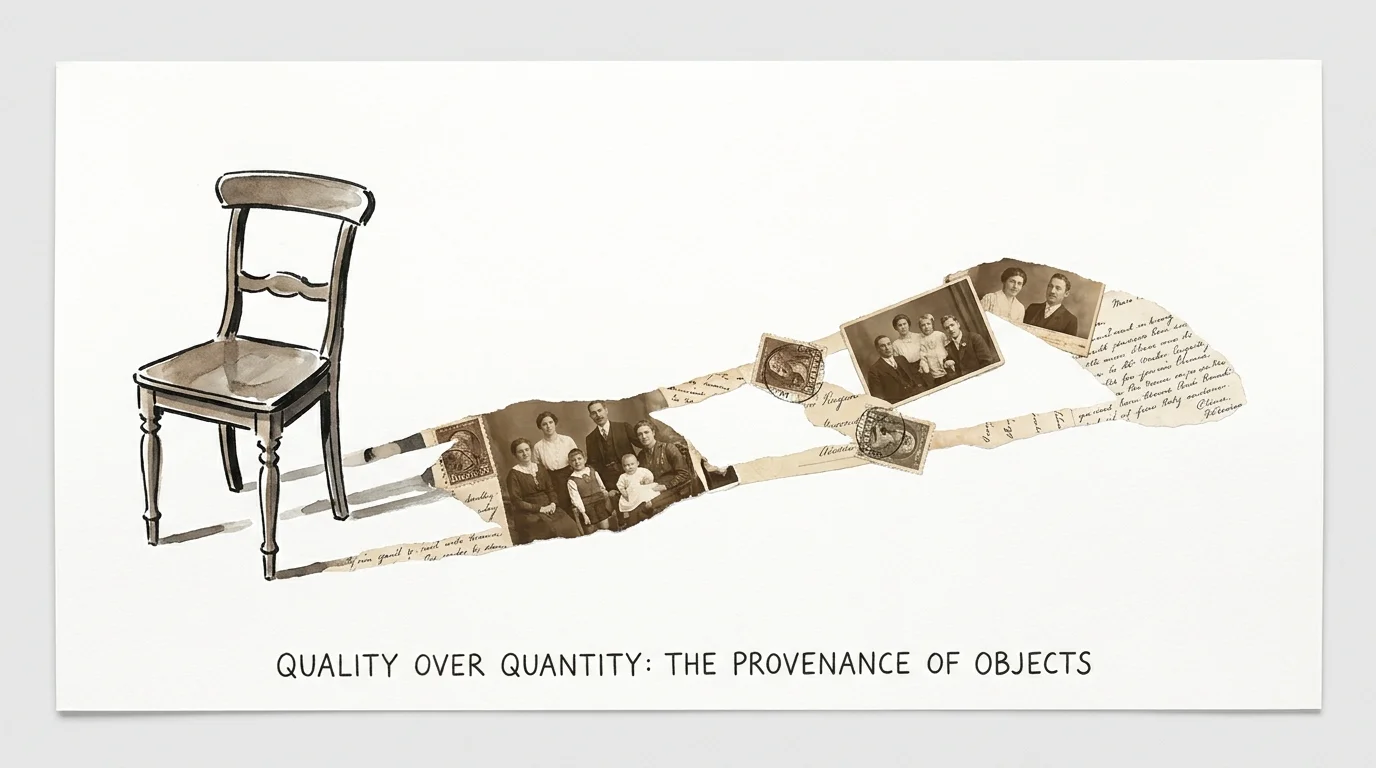 An ink drawing of an antique chair casting a shadow made of vintage photos and letters.