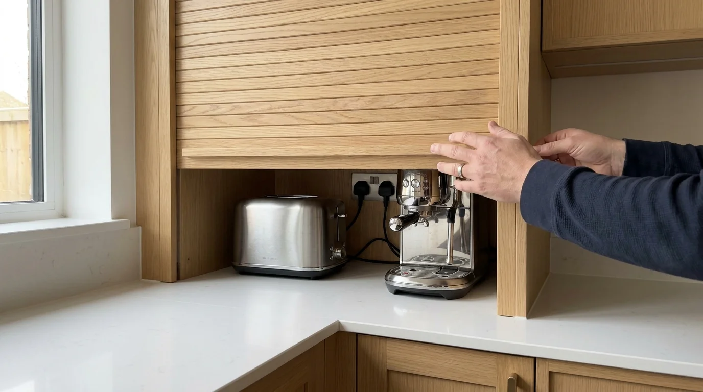 Hands opening a wooden appliance garage door to reveal a toaster and espresso machine on a clean counter.