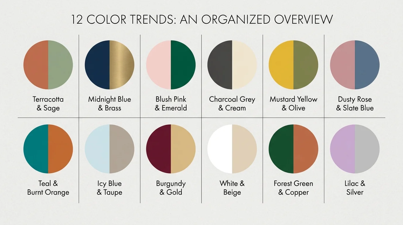 A 12-cell grid showing circular color swatches and labels for all the living room trends discussed.