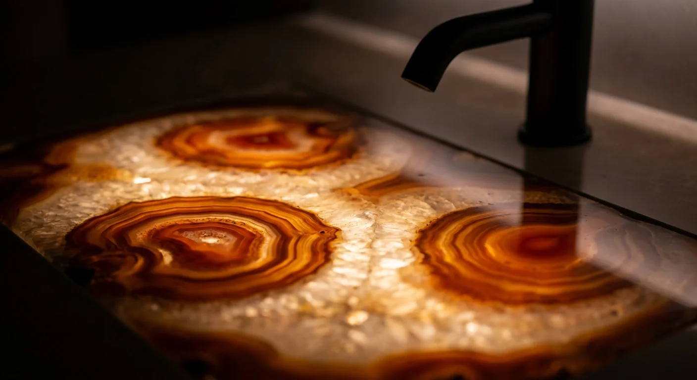 A backlit agate stone surface glowing with amber and quartz crystals in a dark room.