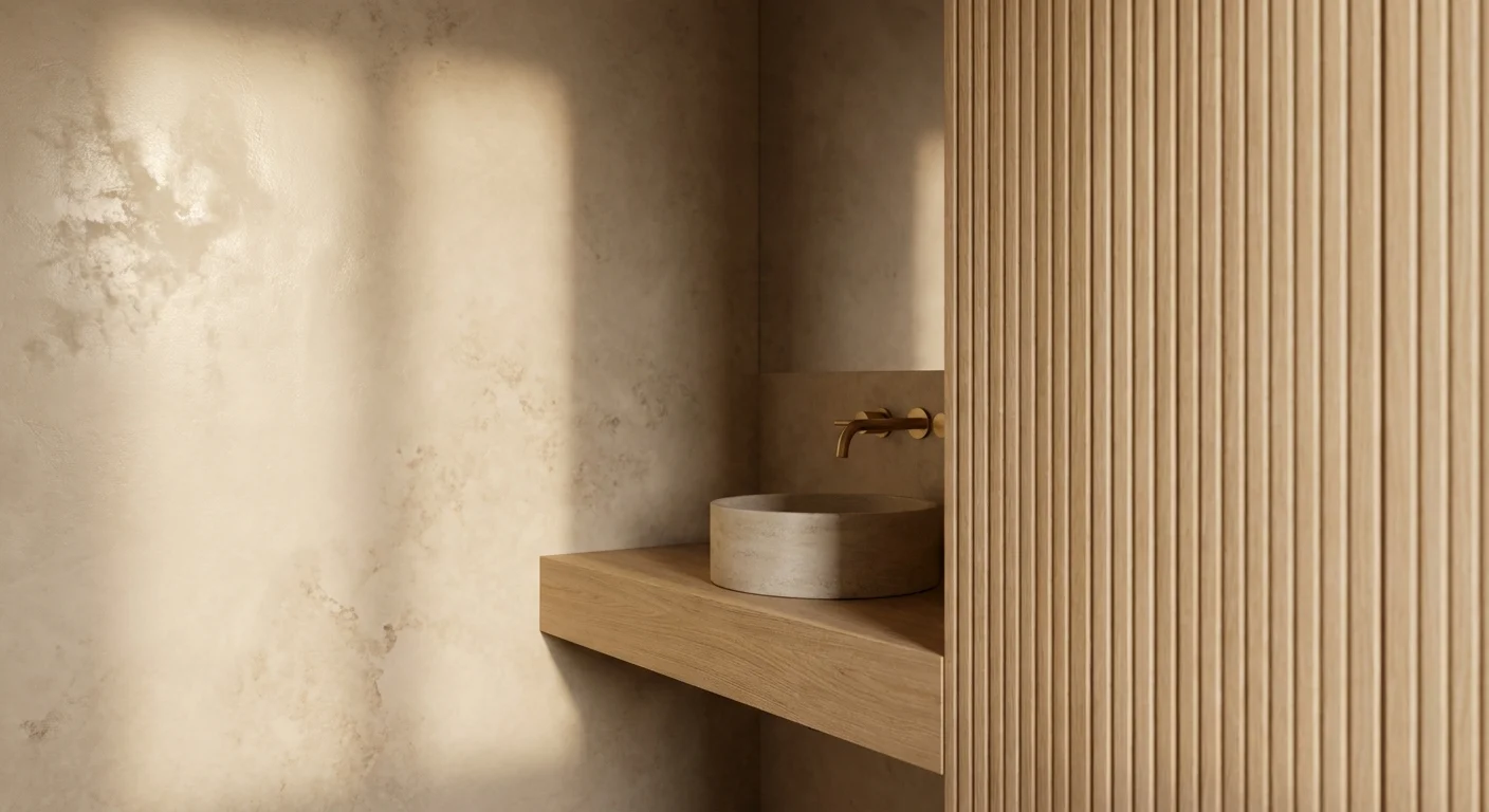 A bathroom wall corner showing the transition between smooth, cream-colored plaster and vertical light oak wood slats.