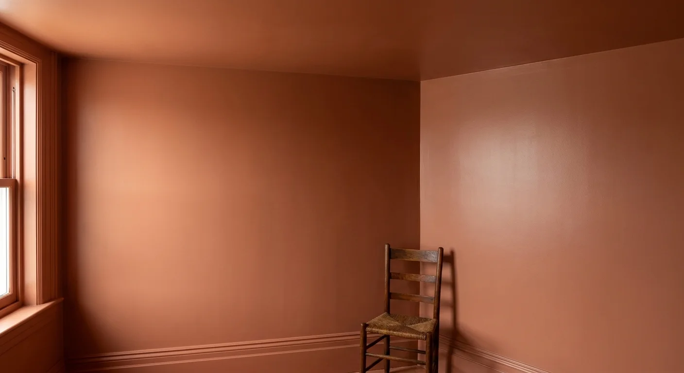 A bedroom corner where the walls, ceiling, and trim are all painted the same terracotta color to create a seamless look.