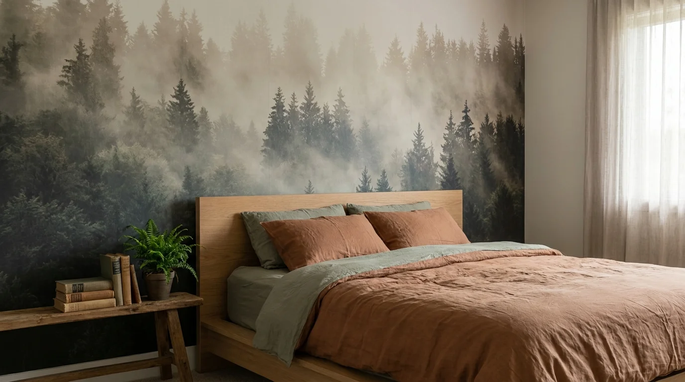 A bedroom featuring a panoramic misty forest mural wallpaper behind the bed, styled with sage and terracotta linens.