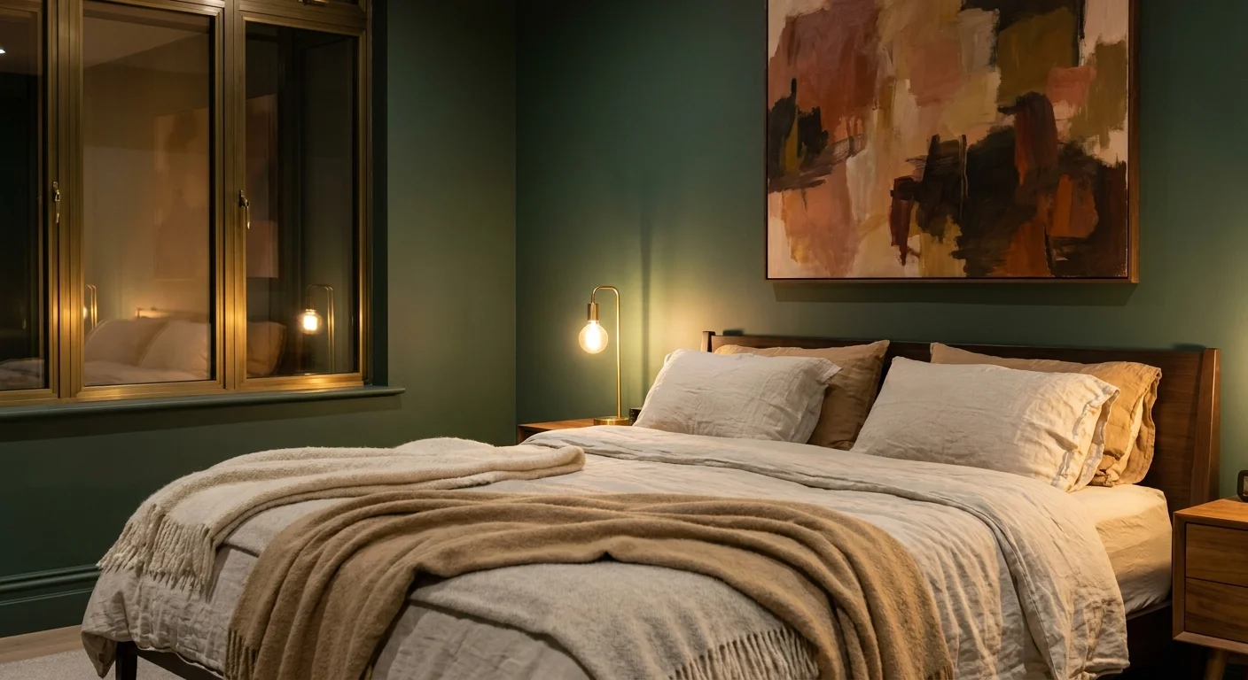 A bedroom with all walls painted a deep forest green, creating a sophisticated and enveloping contemporary atmosphere.
