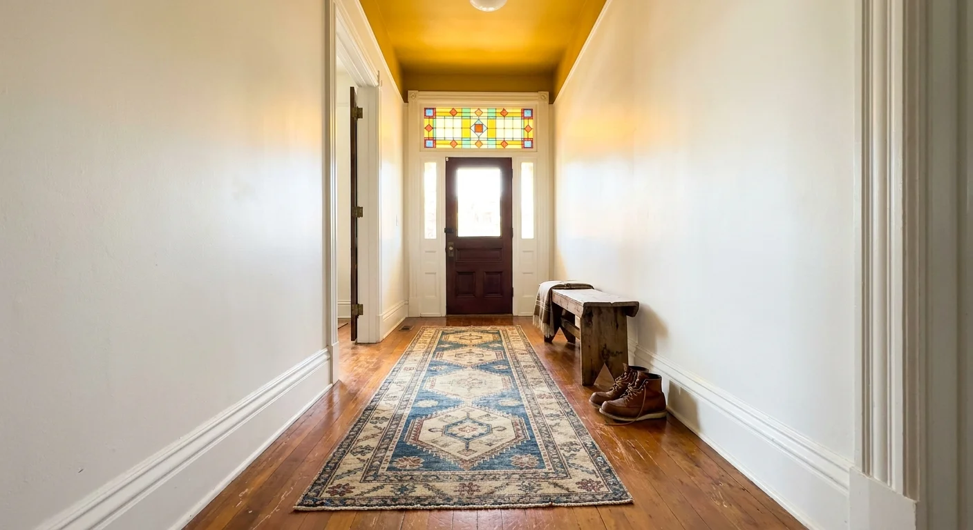 A bright hallway featuring a mustard yellow ceiling that reflects light onto white walls and a wooden floor.