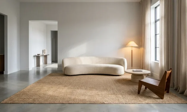 A bright, spacious living room with floating furniture, high-mounted curtains, and a large area rug that makes the space feel expansive.