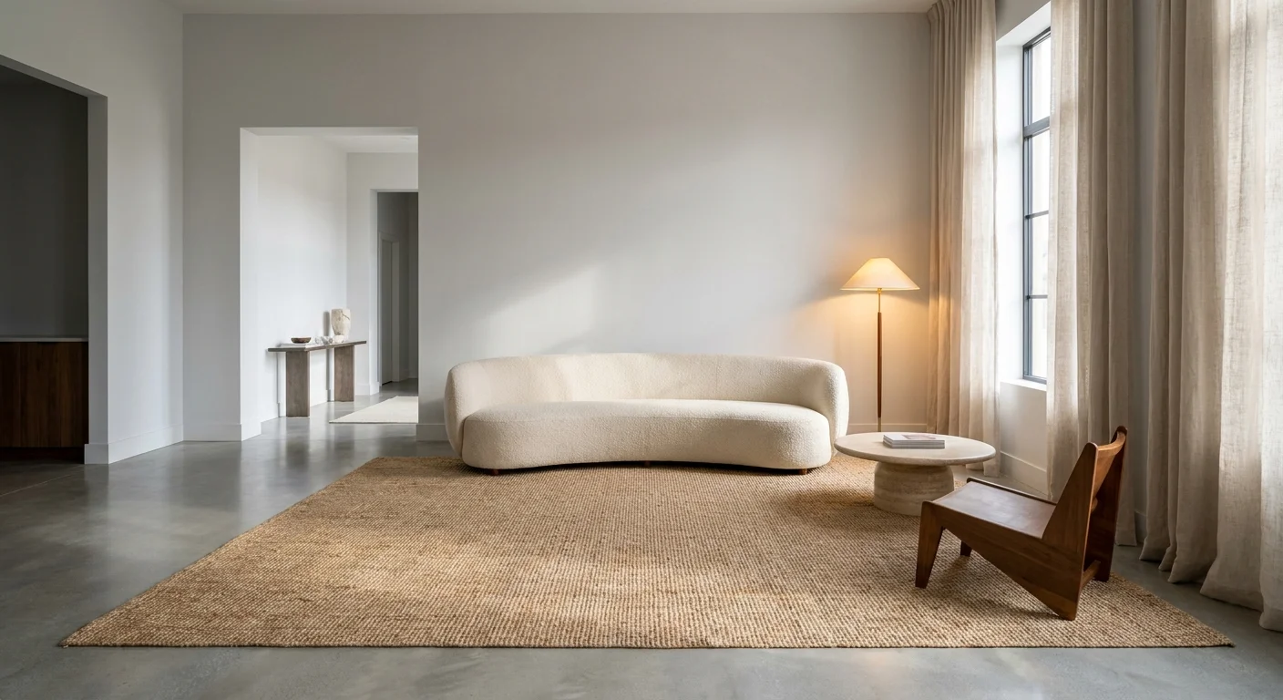 A bright, spacious living room with floating furniture, high-mounted curtains, and a large area rug that makes the space feel expansive.