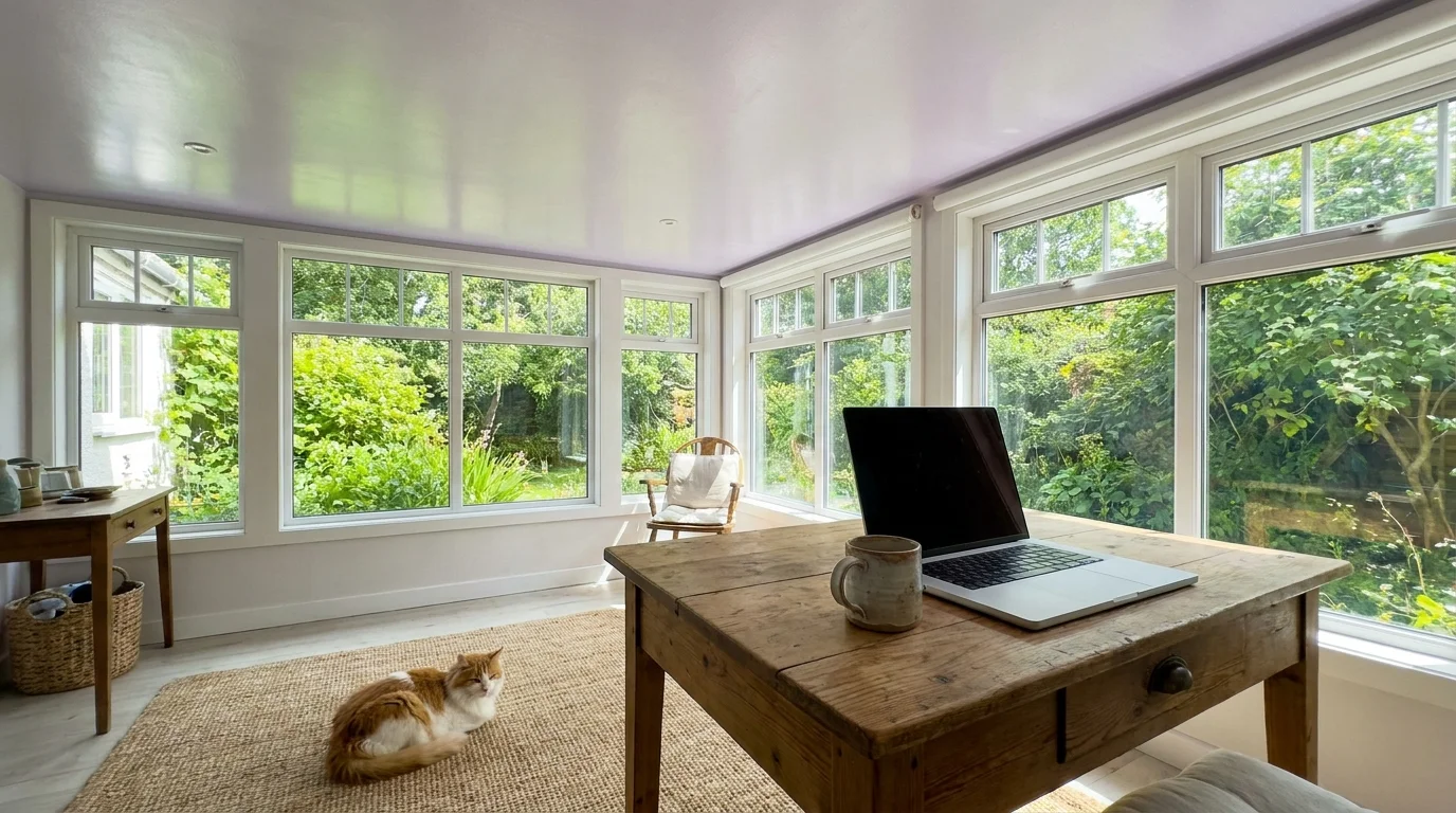 A bright sunroom with a pale lavender ceiling and a wooden desk, looking fresh and airy in the midday sun.