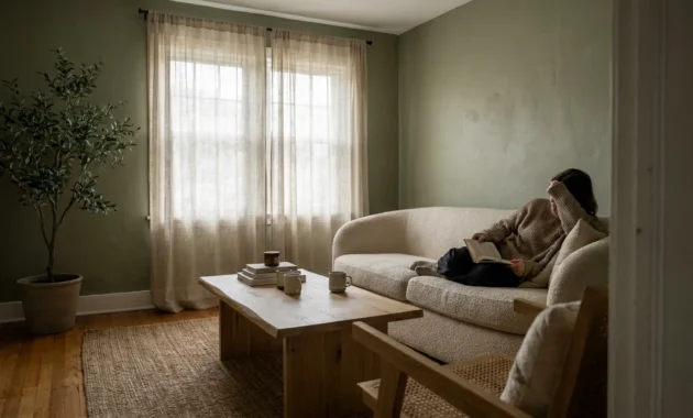 A calm, sun-drenched living room with muddy sage green walls, a bouclé sofa, and an olive tree, captured in a documentary style.