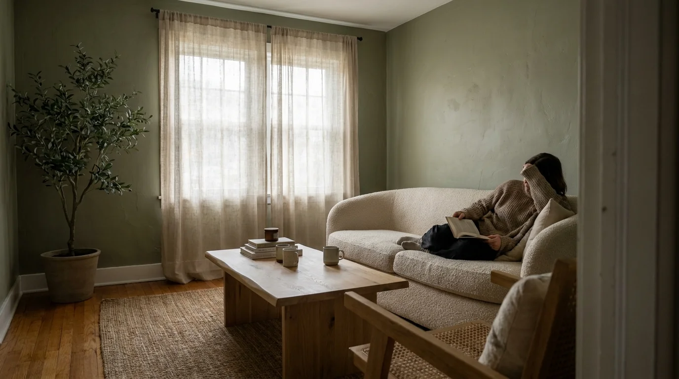 A calm, sun-drenched living room with muddy sage green walls, a bouclé sofa, and an olive tree, captured in a documentary style.