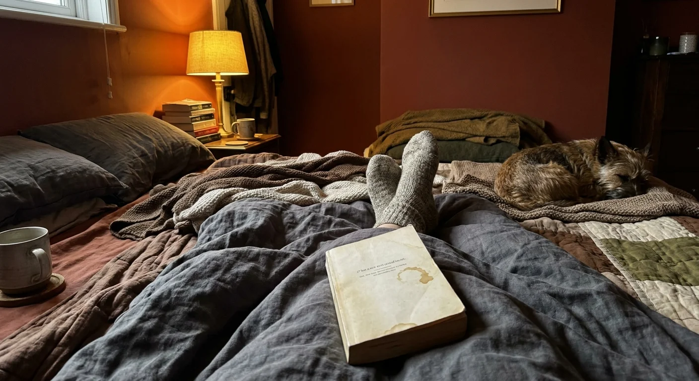 A candid photo from the perspective of someone sitting in bed, showing cozy blankets and a peaceful bedroom atmosphere.