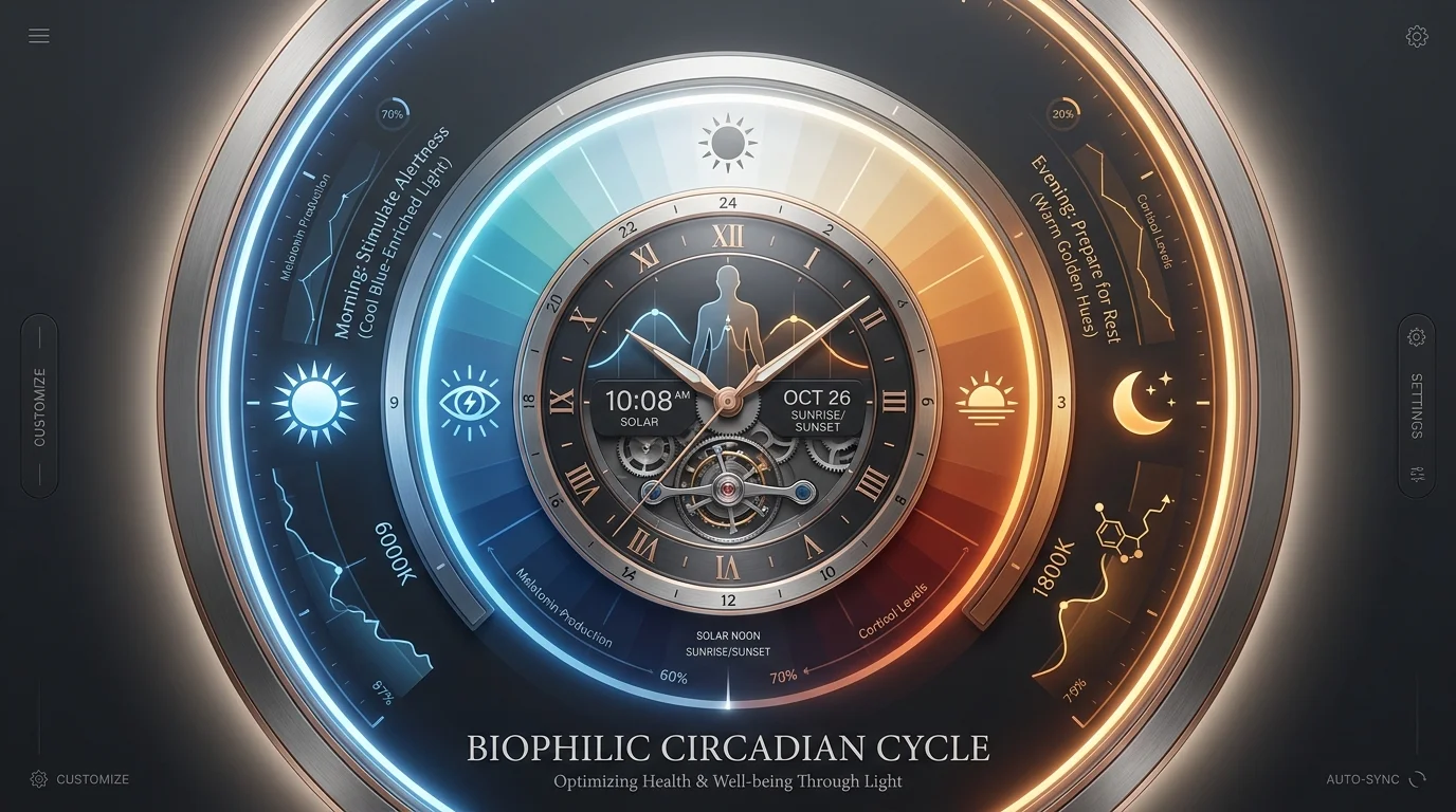 A circular diagram showing the color temperature transition of circadian lighting from cool blue in the morning to warm amber at night.