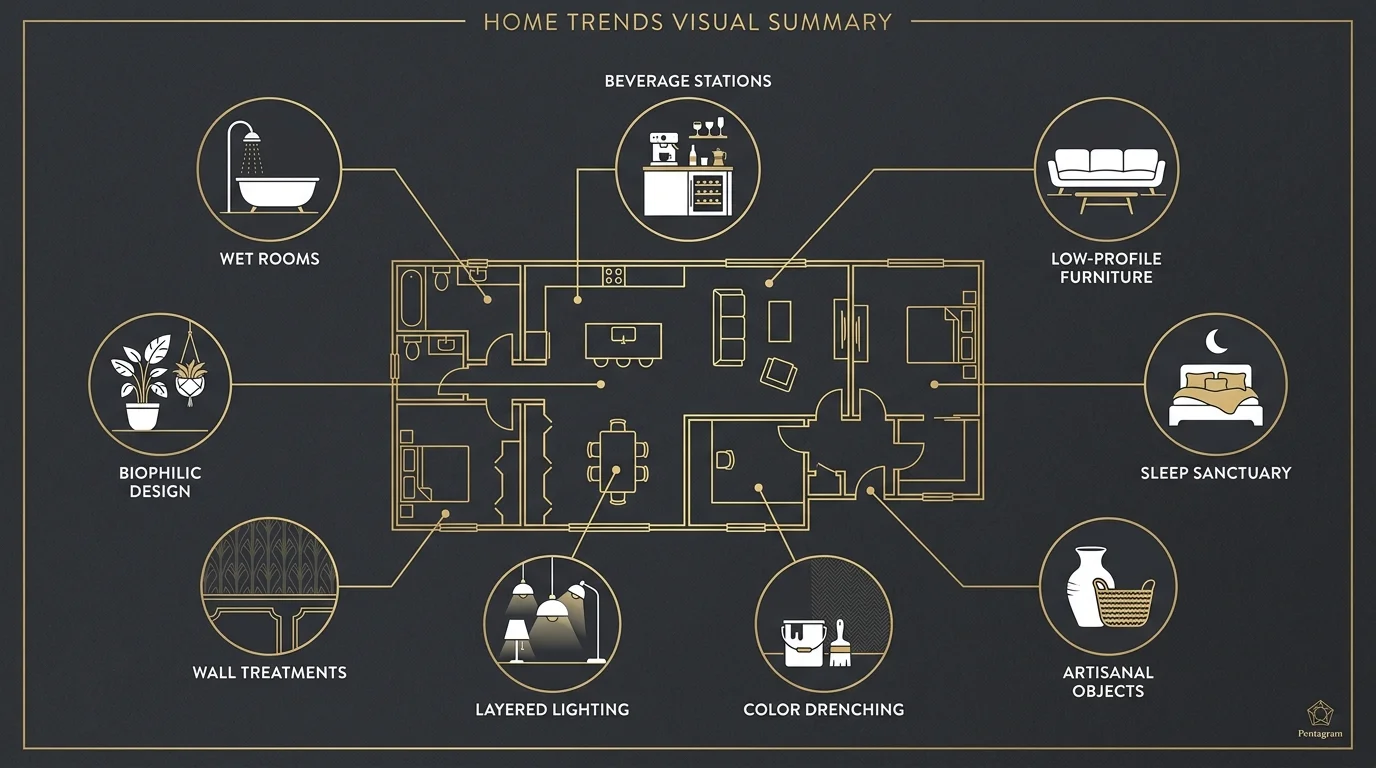 A clean infographic diagram mapping all nine resort-inspired trends onto a central home floor plan.