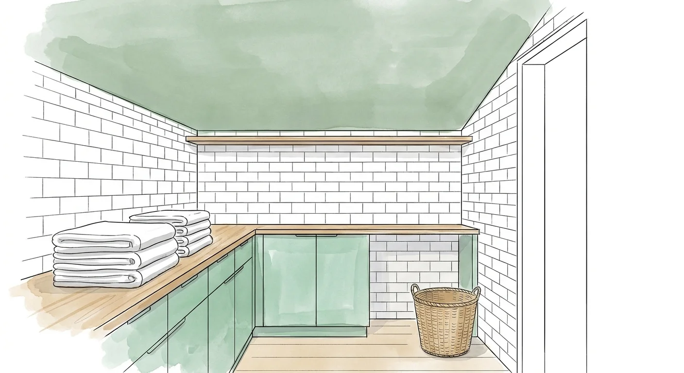 A clean line-art illustration of a laundry room with sage green and mint green accents on the ceiling and cabinets.