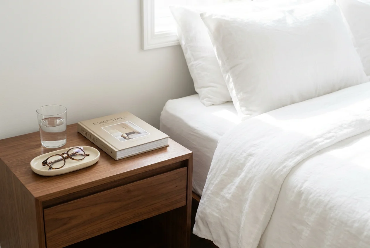 A clean, organized nightstand with only a book and a glass of water, illustrating the clutter-free nightscape trend.