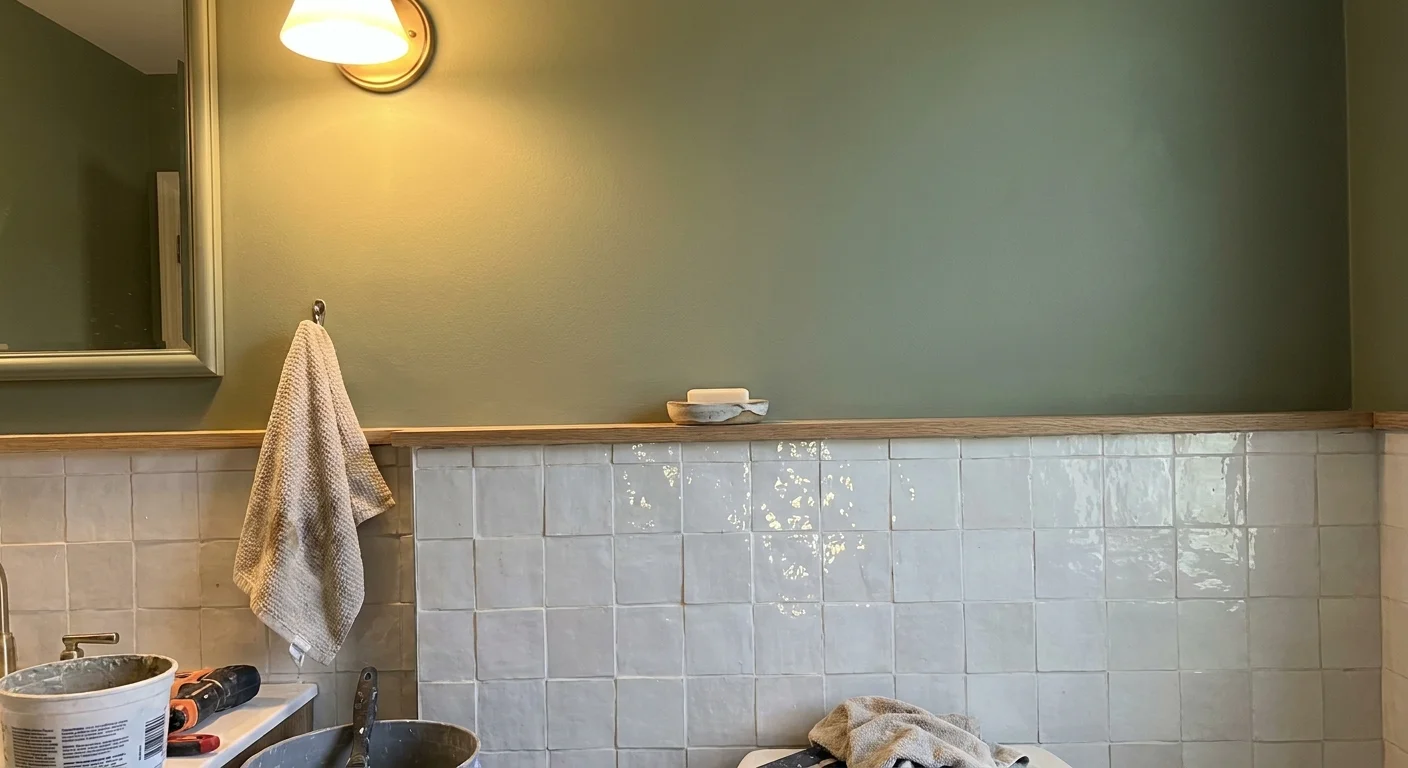 A close-up of a bathroom wall with matte sage green paint above a section of shiny, irregularly shaped white tiles.