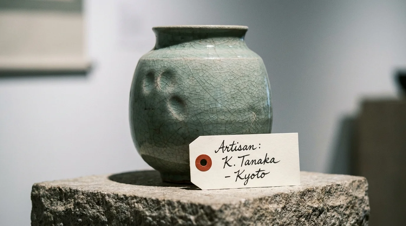 A close-up of a hand-made ceramic vase with a Kyoto artisan tag and a red wax seal of authenticity.