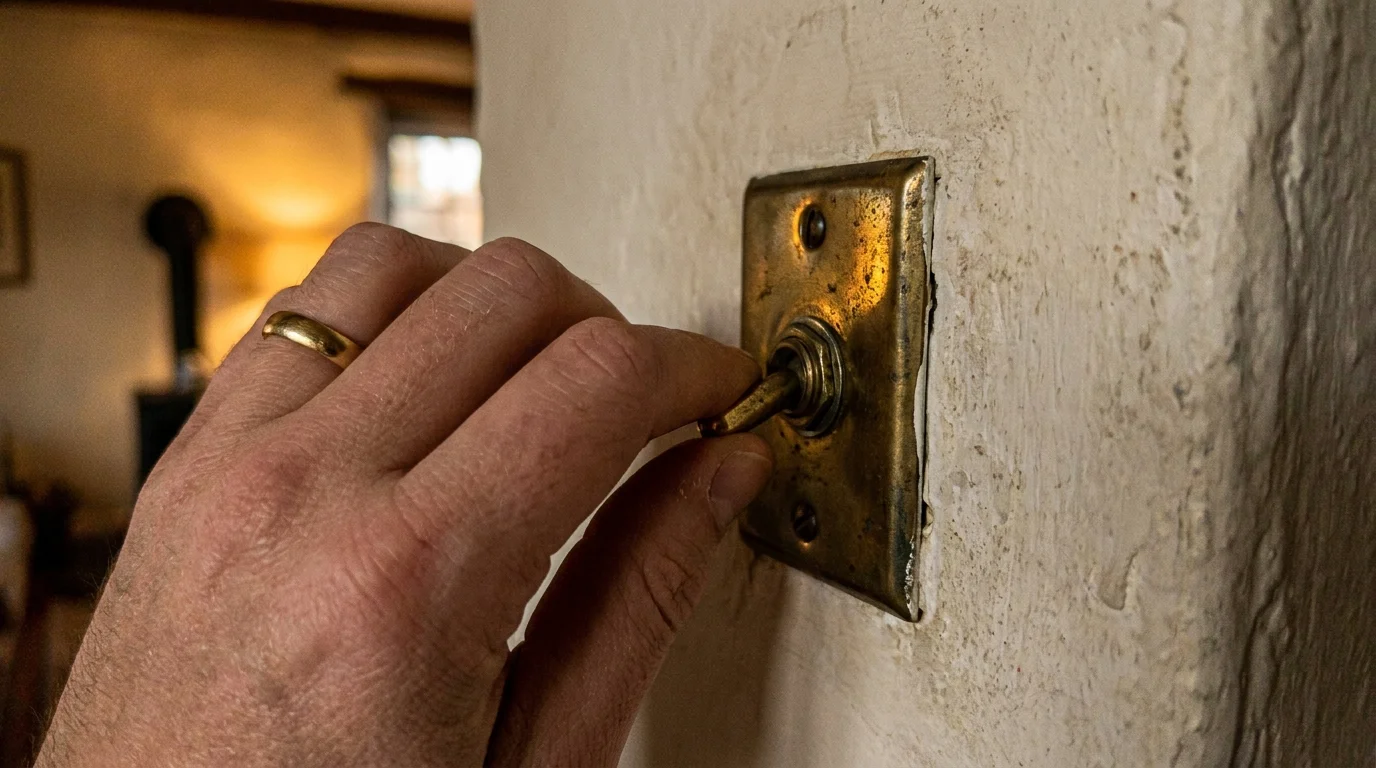 A close-up of a hand reaching for a brass toggle light switch on a textured wall, highlighting small architectural details.