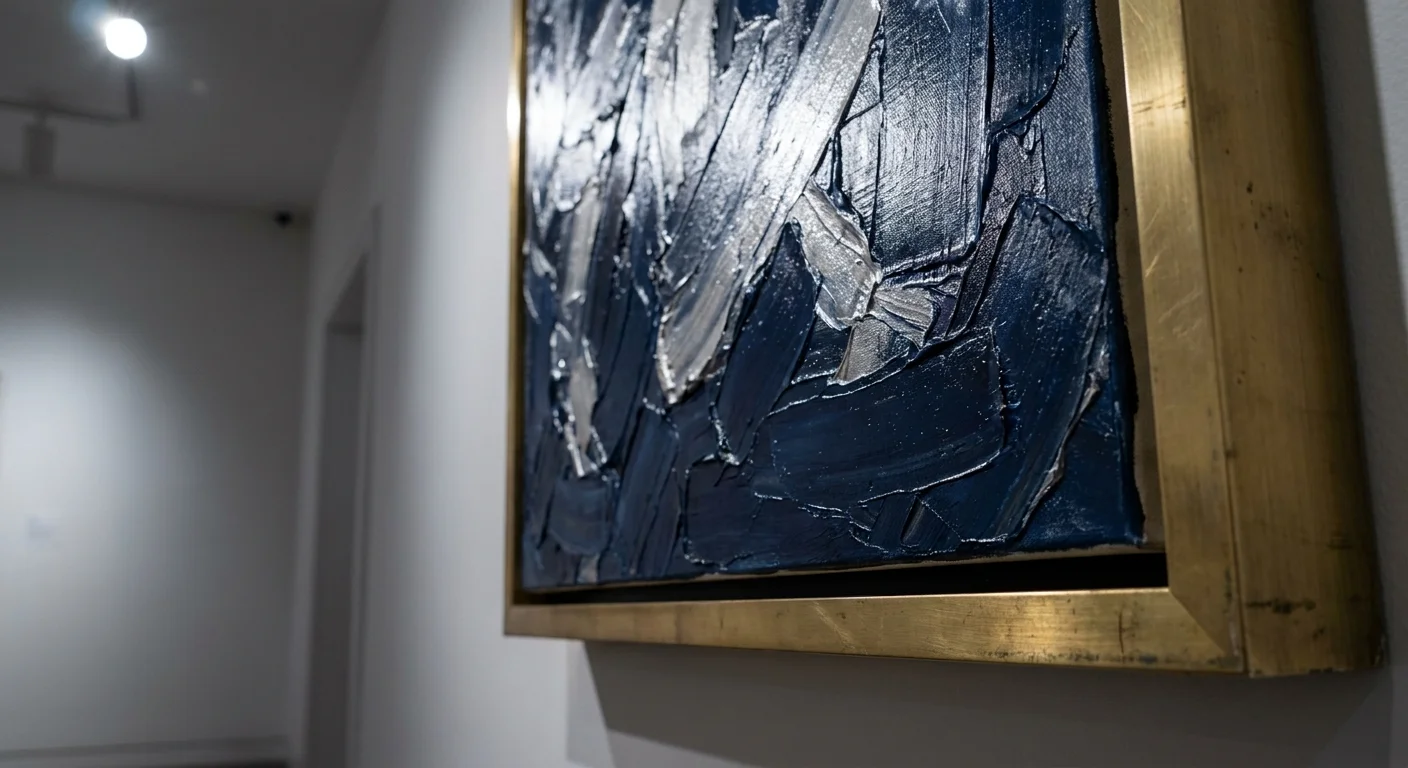 A close-up of a large abstract oil painting in a brass floating frame, showing heavy paint texture and professional framing.