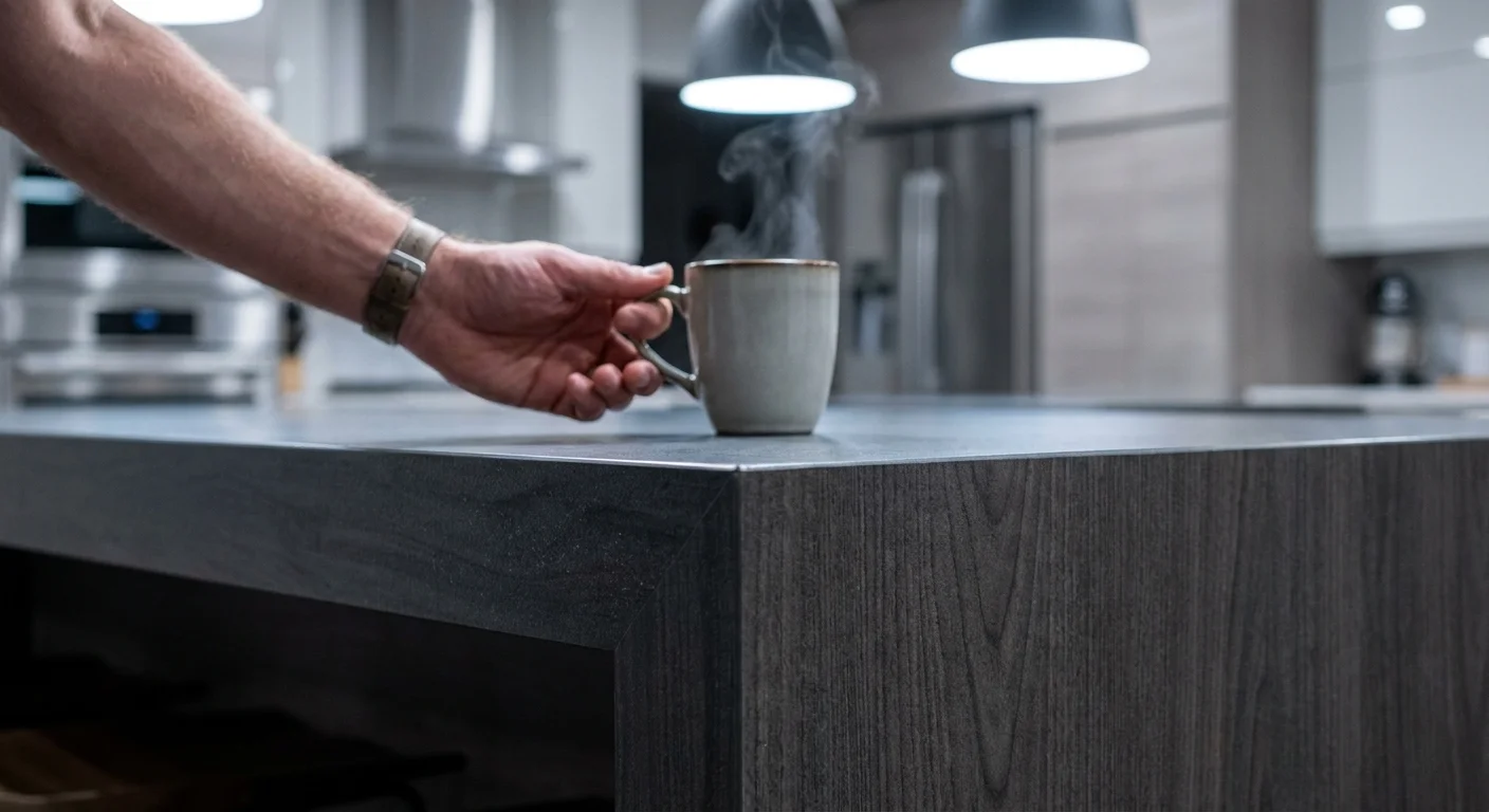 A close-up of a sintered stone kitchen island being used, showing its durable, heat-resistant surface and realistic stone grain.