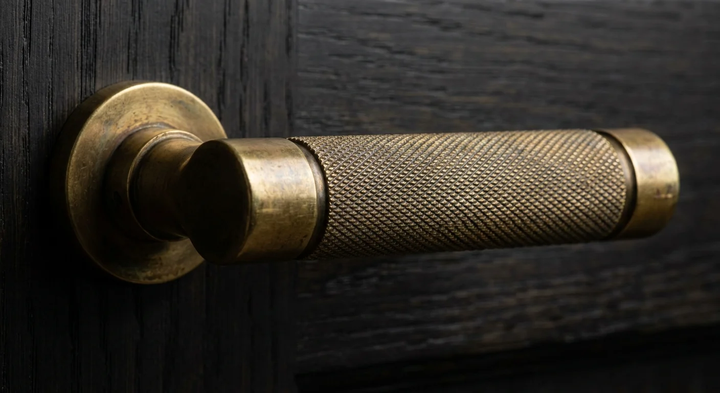 A close-up of a solid brass door handle with a knurled texture on a dark wood door.