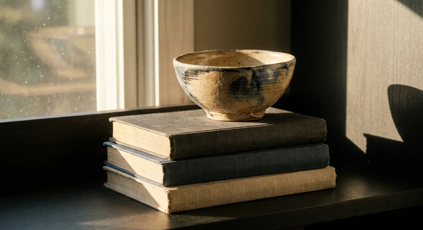 A close-up of a unique, hand-crafted ceramic bowl on vintage books, illustrating the value of curated, individual decor.