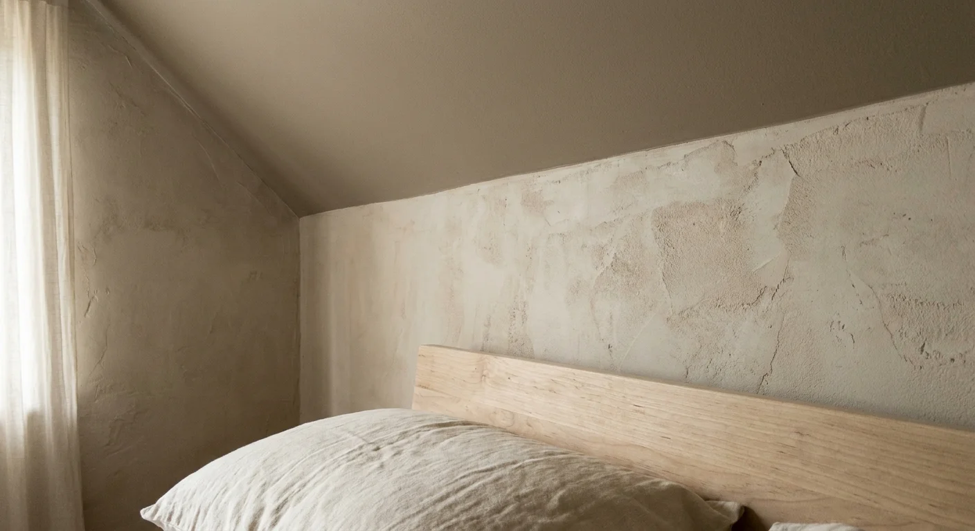 A close-up of a warm mushroom-colored ceiling meeting a cream wall in a serene, sunlit bedroom.
